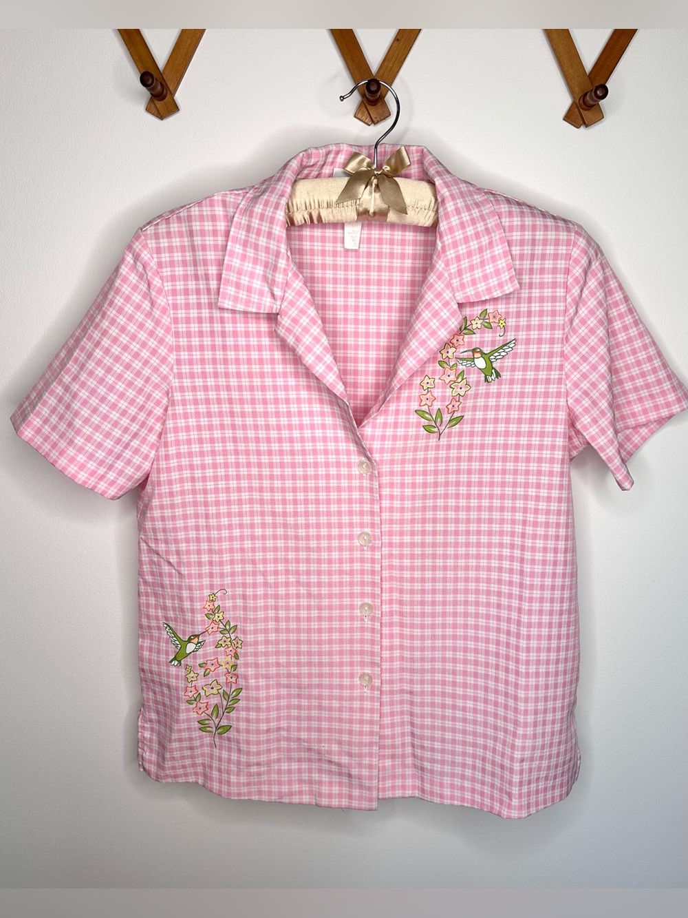 Vintage Blair Pink Gingham Hummingbird Floral Button Up Cottagecore Blouse Top S